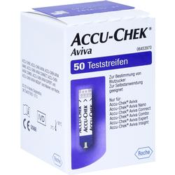 Schachtel mit 50 Blutzuckerteststreifen von Accu-Chek Aviva.