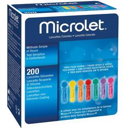 Eine Packung mit 200 bunten Lanzetten der Marke Microlet.