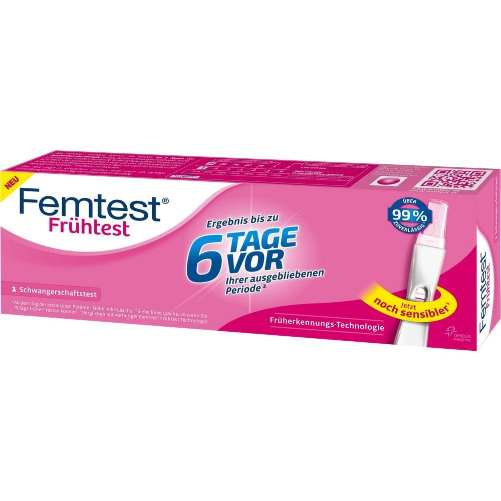 Die Verpackung zeigt einen Schwangerschaftstest für frühe Erkennung vor der Periode.