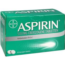 Grüne Packung mit 500 mg Aspirin Tabletten von Bayer.